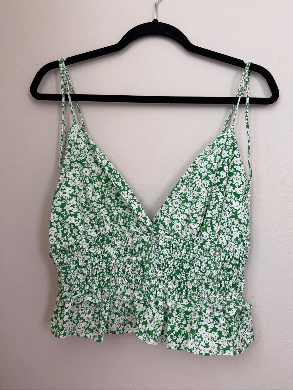 Green Floral Smocked Crop Tank Top